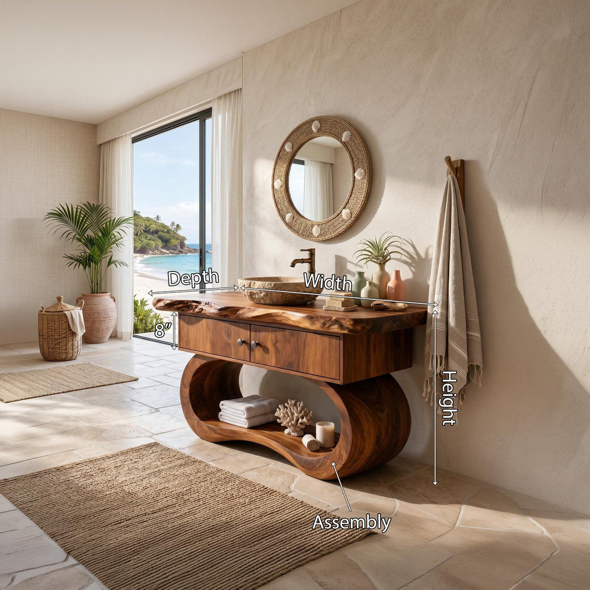 Spry Interior Minimalist Organic Wood Bathroom Vanity with Open Shelf, Live Edge Wall Mounted Solid Wood Single Sink Console Desk, SILDTTNBRV064