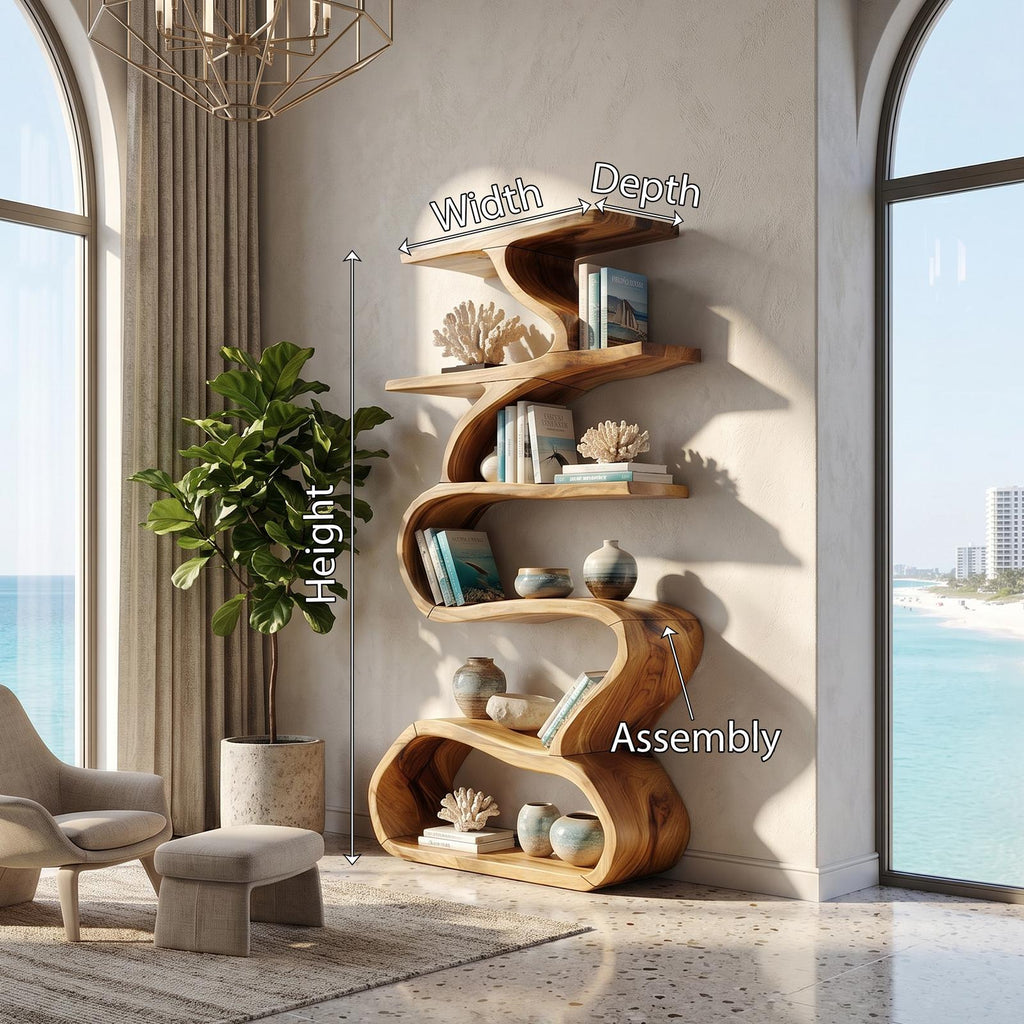Organic Wooden Wall Bookshelf With Flowing Curves