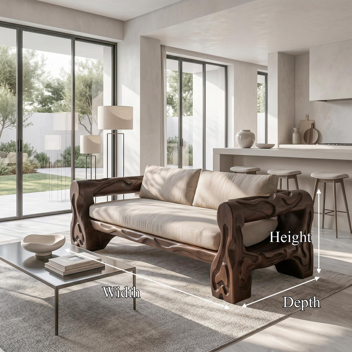 Organic Sofa Frame With Sculptural Open Loop Armrests For Living Room