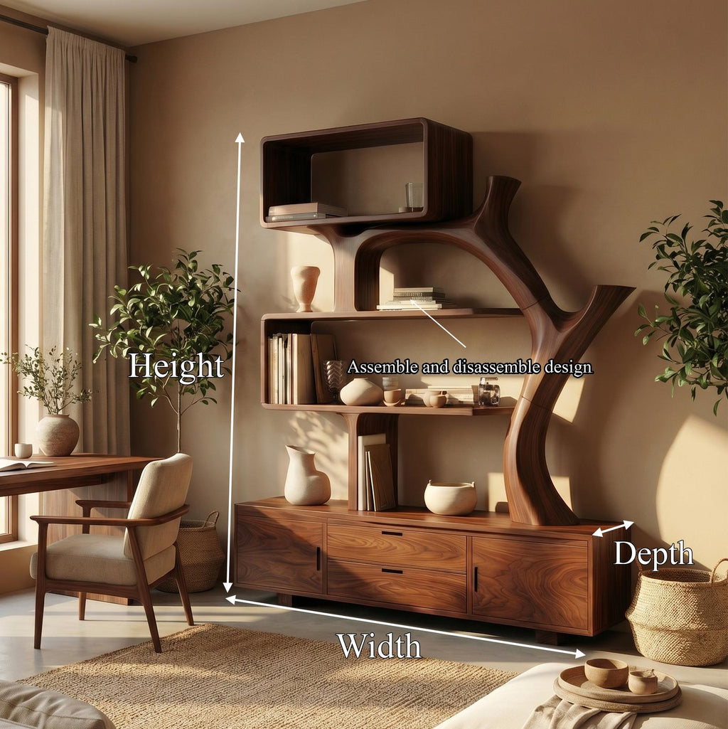 Sculptural Solid Wood Display Shelf with Storage, Modern Bookcase & Bookshelf Unit for Living Room Decor