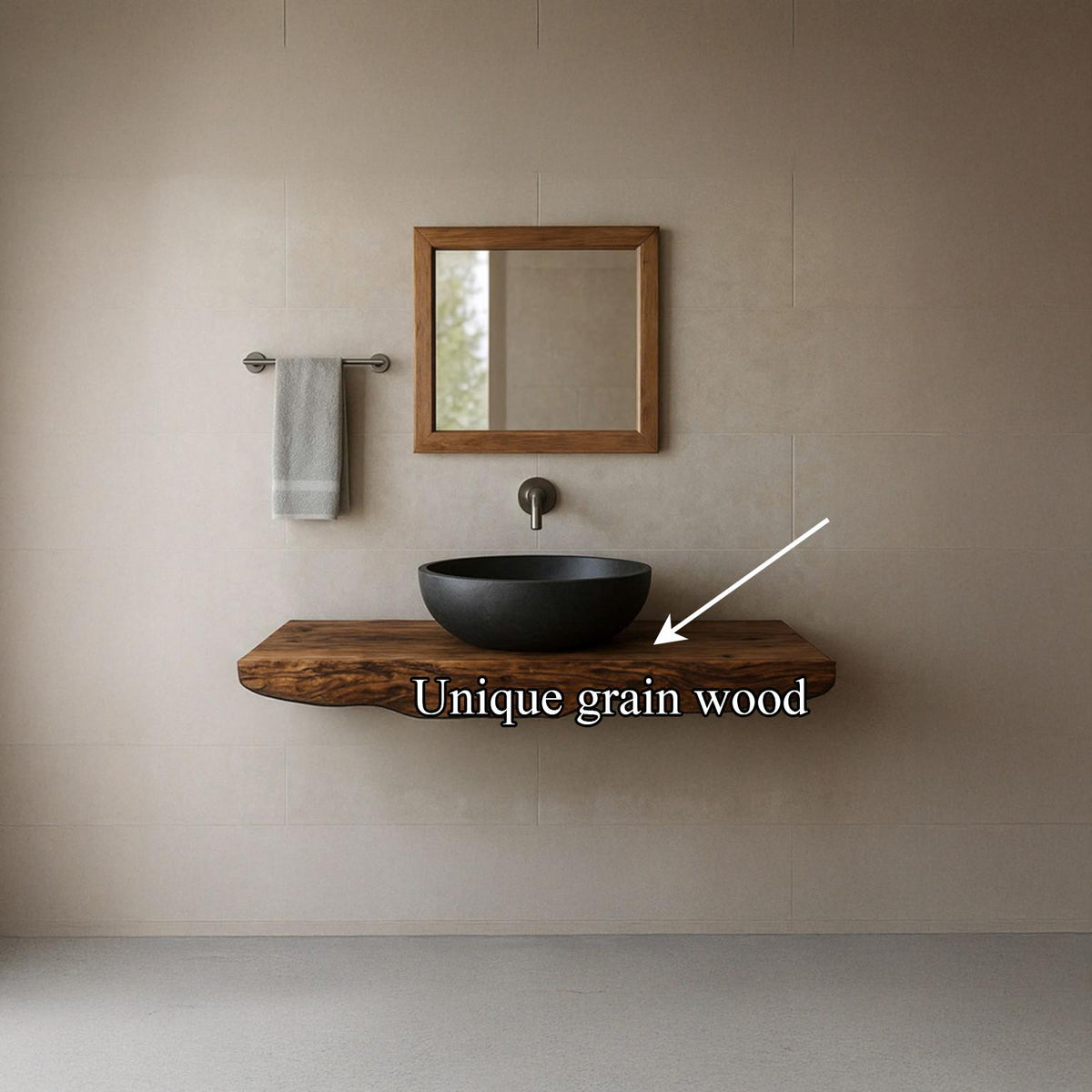 Mid-Century Floating Shelf Washstand, Solid Wood Bathroom Vanity, Single Sink Washroom Countertop Support Shelf