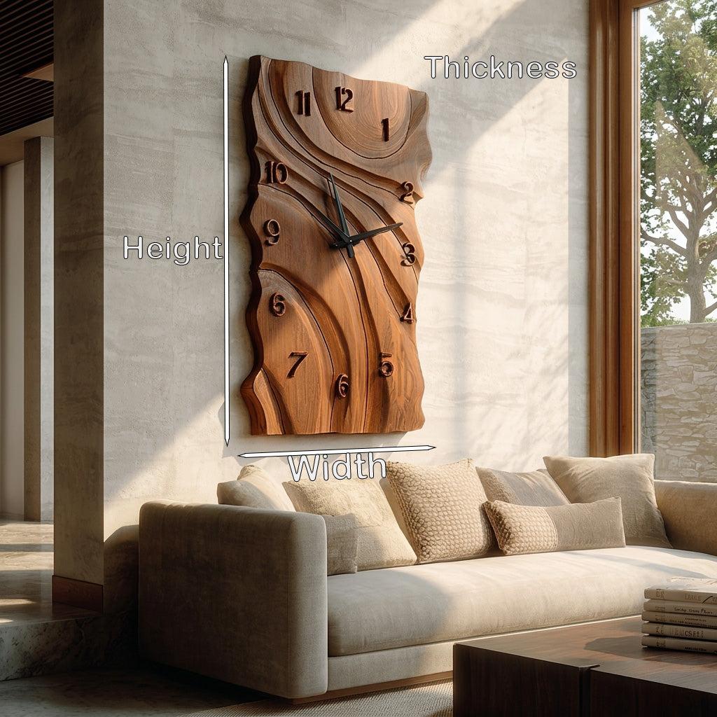Rustic Wooden Wall Clock, Hand-Carved Abstract Geometric Design Wood Clock for Home & Living Room Decor