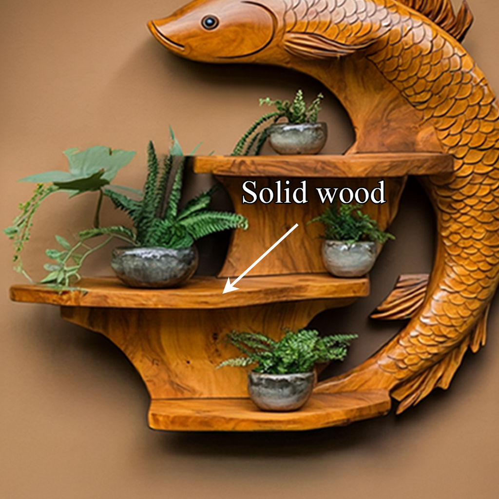 Zen Koi Fish Wall Display Shelf, Handcrafted Wood Floating Shelf for Asian-Inspired Living Room & Office Wall Decor