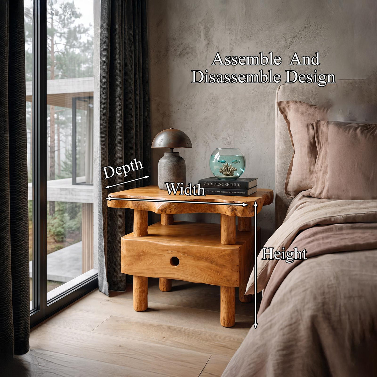 Organic Solid Wood Bedside Table With Open Shelf And Drawer SINLHANS291