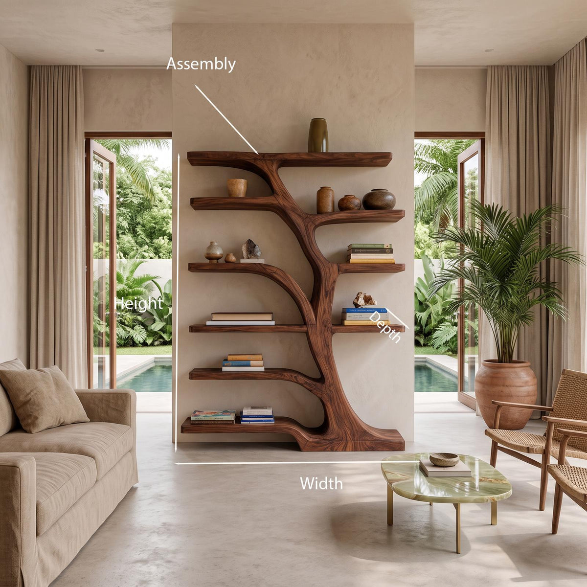 Modern Bookshelf with Flowing Curved Design, Handcrafted Solid Wood Bookcase for Elegant Living Room Display