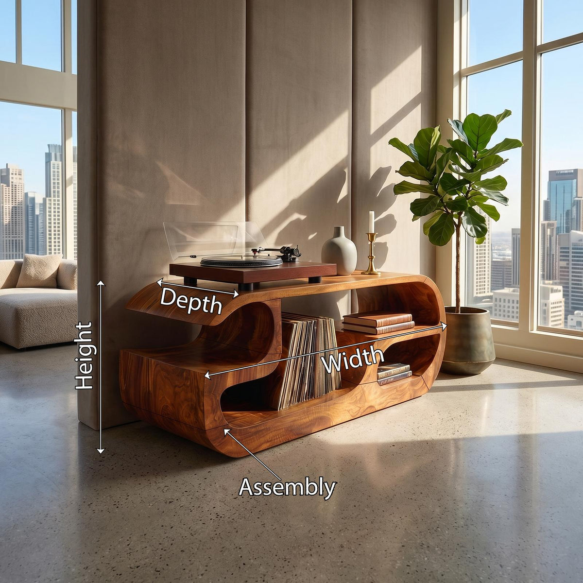 Minimalist Curved Wooden Record Player Stand, Handcrafted Small Space Vinyl LP Storage Cabinet, Model