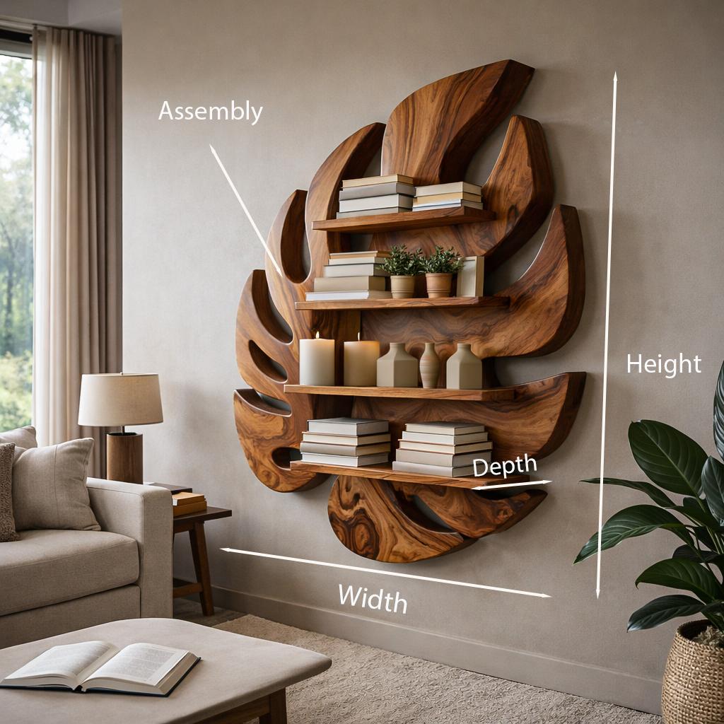 Modern Wooden Leaf Floating Bookshelf, Handcrafted Wall Mounted Solid Wood Display Shelf for Living Room & Nursery