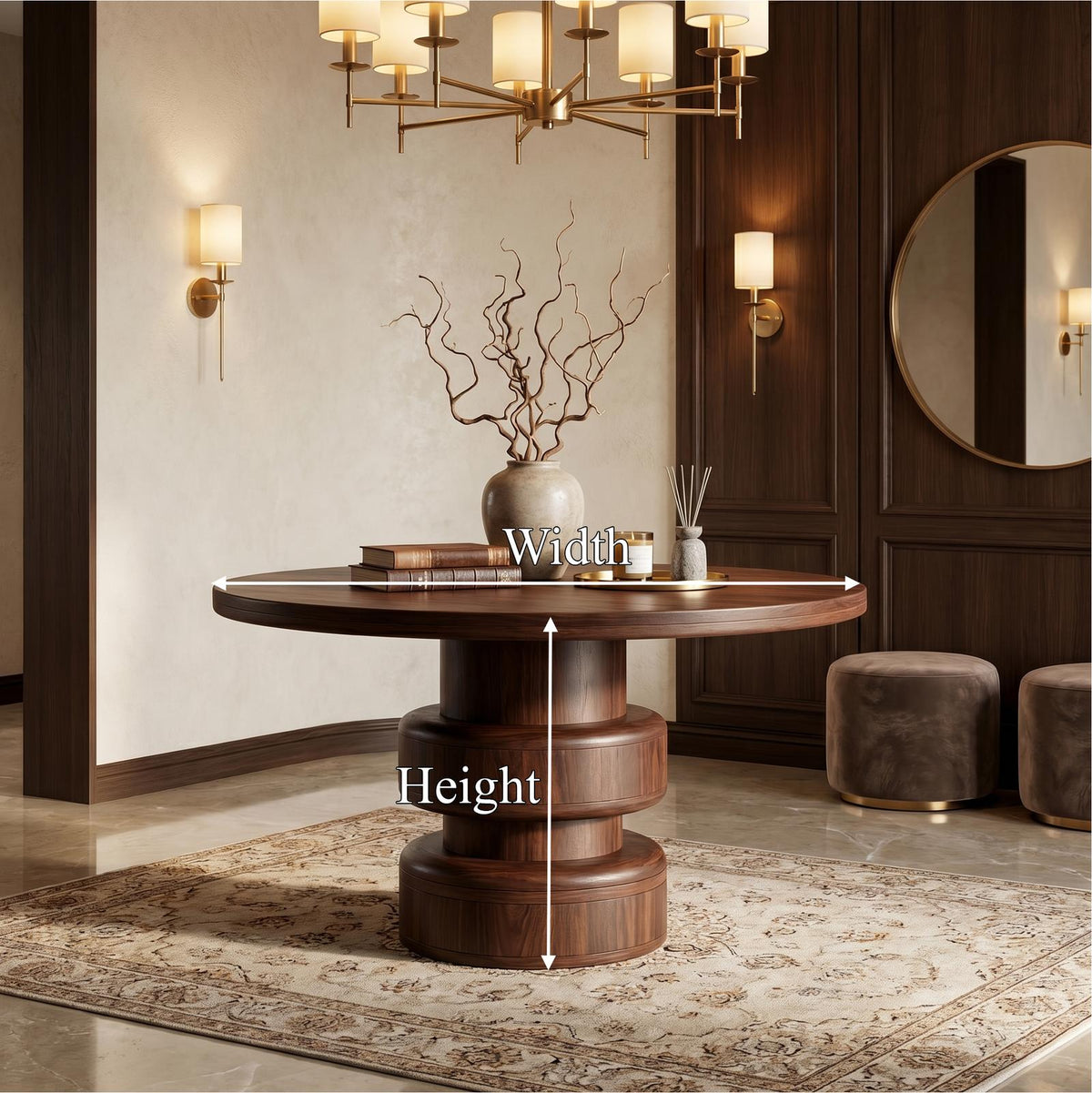 Sculptural Round Entryway Table, Solid Wood Modern Geometric Pedestal Foyer Table, Living Room Accent Stand