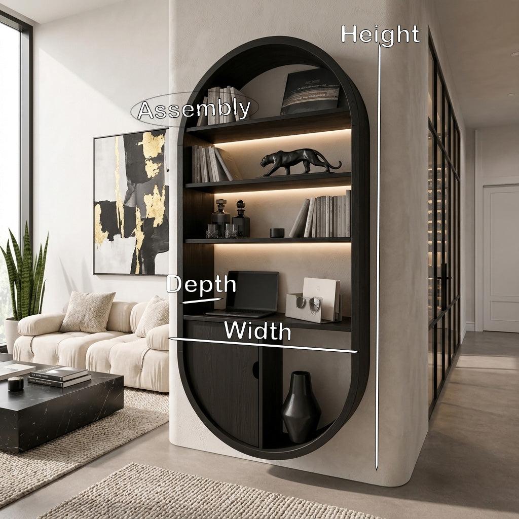 Arched Wooden Wall Bookshelf with Cabinet & Lighting, Solid Wood Storage Bookcase for Living Room, Home Office