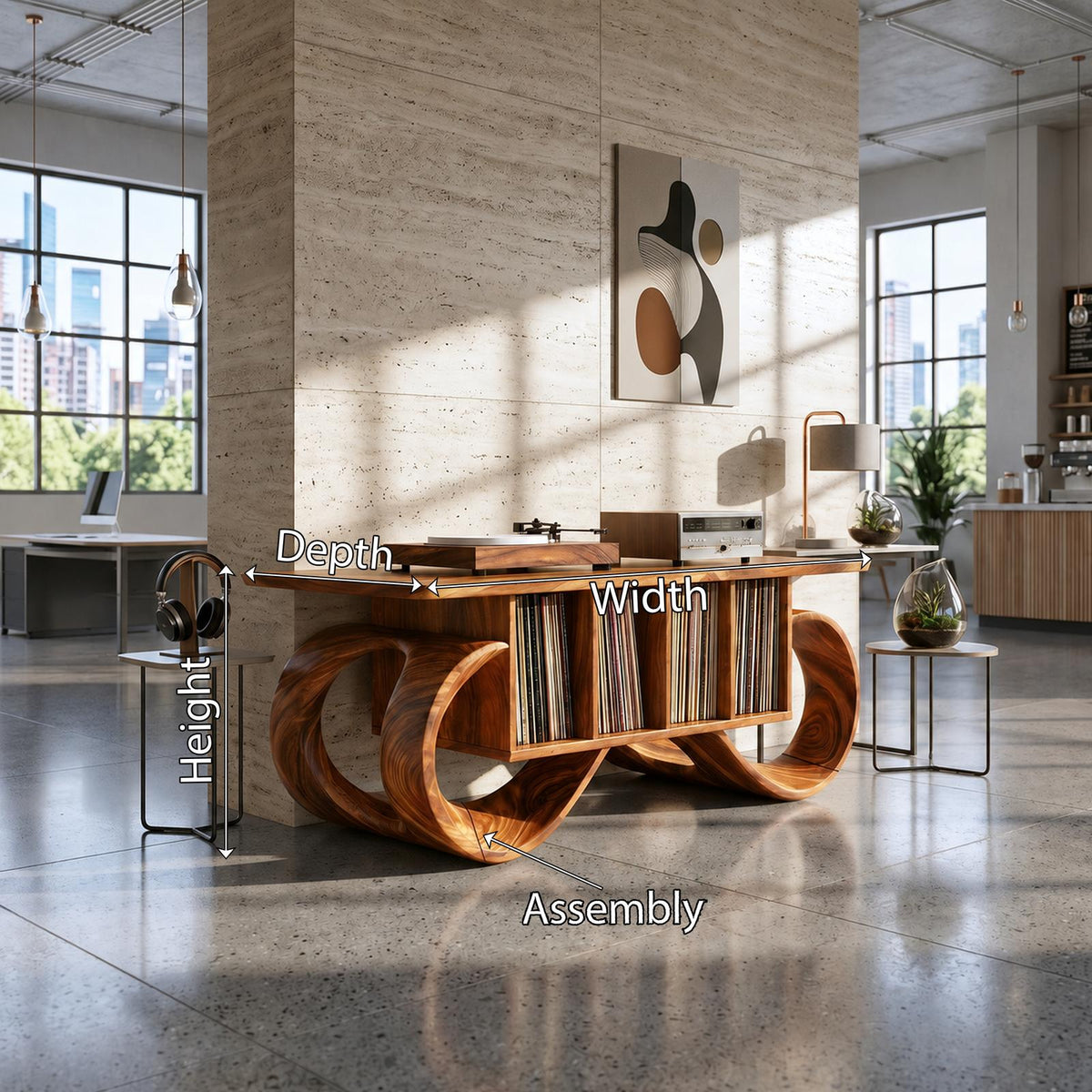 Sculptural Loop Record Player Console, Handcrafted Curved Wood Turntable Stand & Vinyl Storage Cabinet, Model