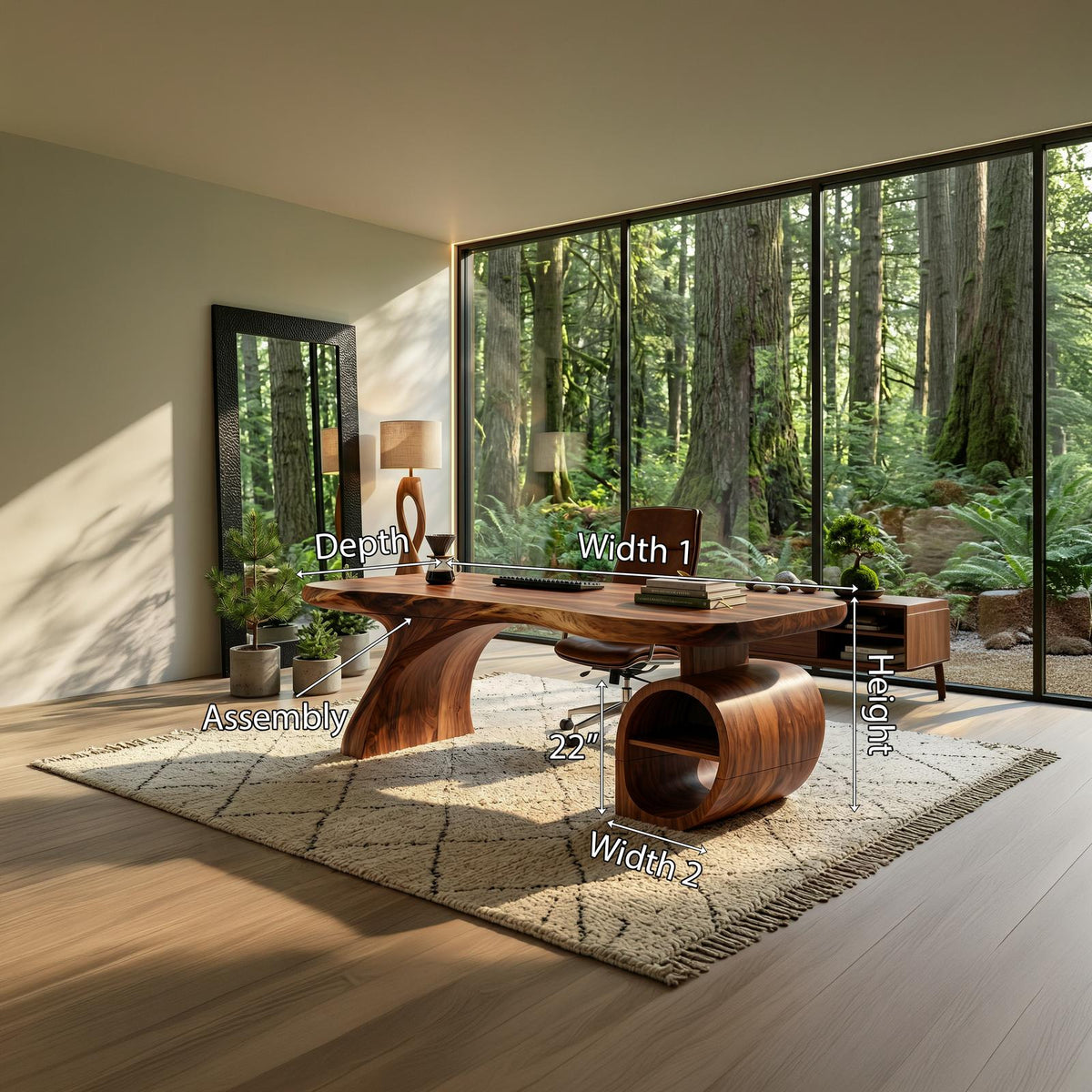 Modern Sculpted Wood Office Desk with Open Shelving Storage, Handcrafted Solid Wood Computer Desk, Writing Table
