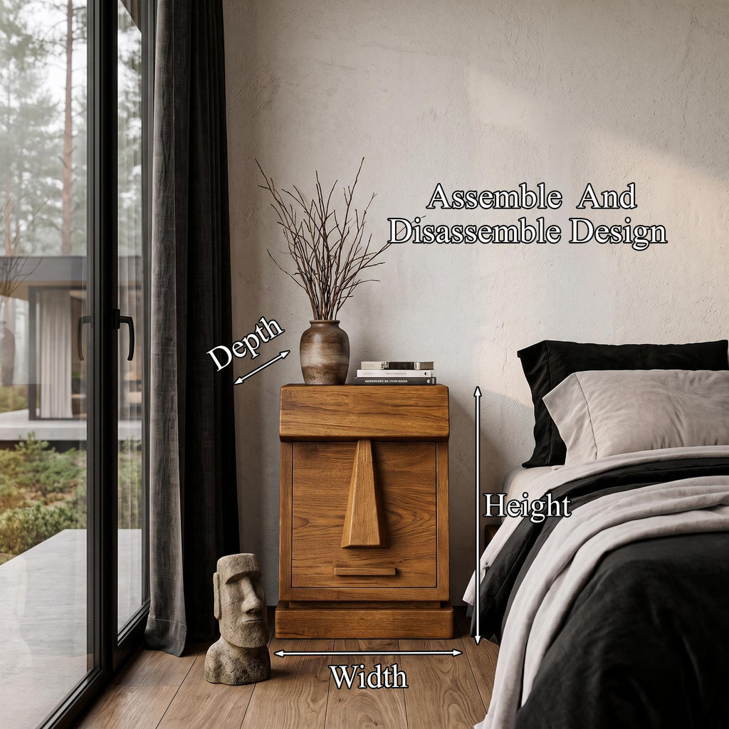 Rustic Solid Wood Bedside Table With Geometric Wooden Door SINLHANS294