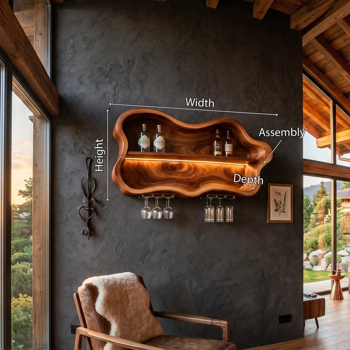 Modern Wood Wine Rack & Glass Holder, Solid Wooden Countertop Bottle Display Stand and Stemware Storage Hanger for Dining Area