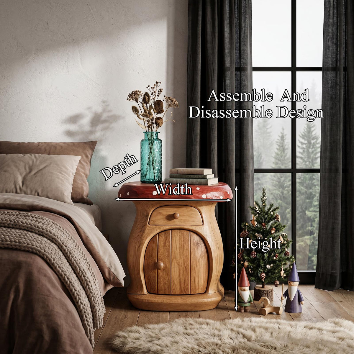 Modern Mushroom Bedside Table With Wooden Storage Door