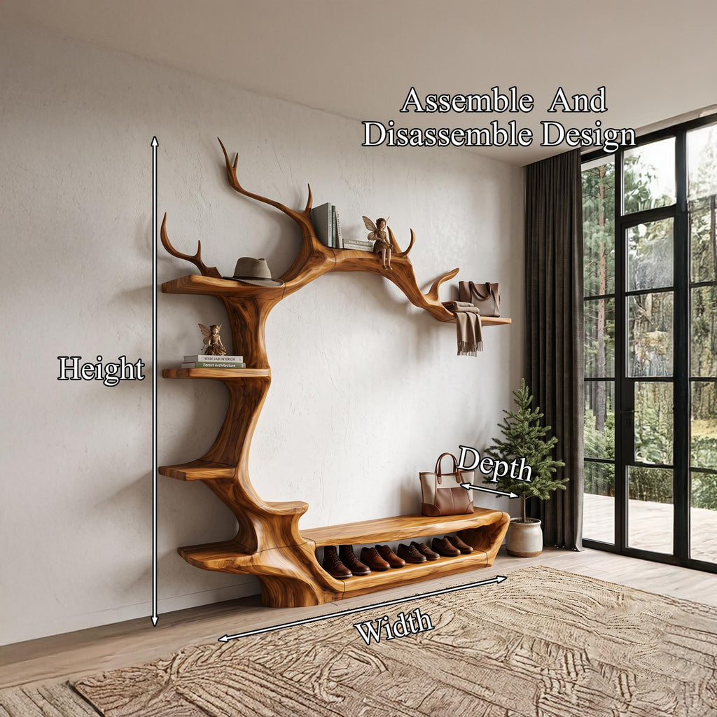 Rustic Tree Shoe Bench Wall Mounted Coat Rack For Entryway Hallway