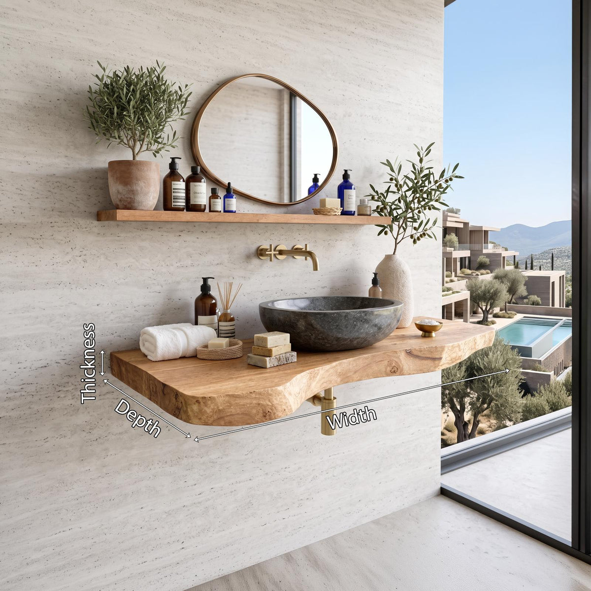 Spry Interior Rustic Live Edge Wood Bathroom Vanity, Floating Single Basin Sink Cabinet, Wall-Mounted Wood Under Sink Storage Unit