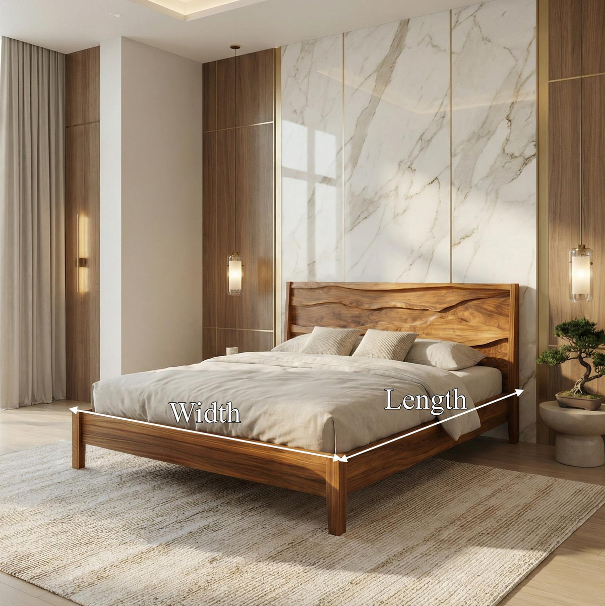 Rustic Natural Wood Bed Frame, Solid Wood Live Edge Platform Bed, Handcrafted Mid-Century Bedroom Furniture