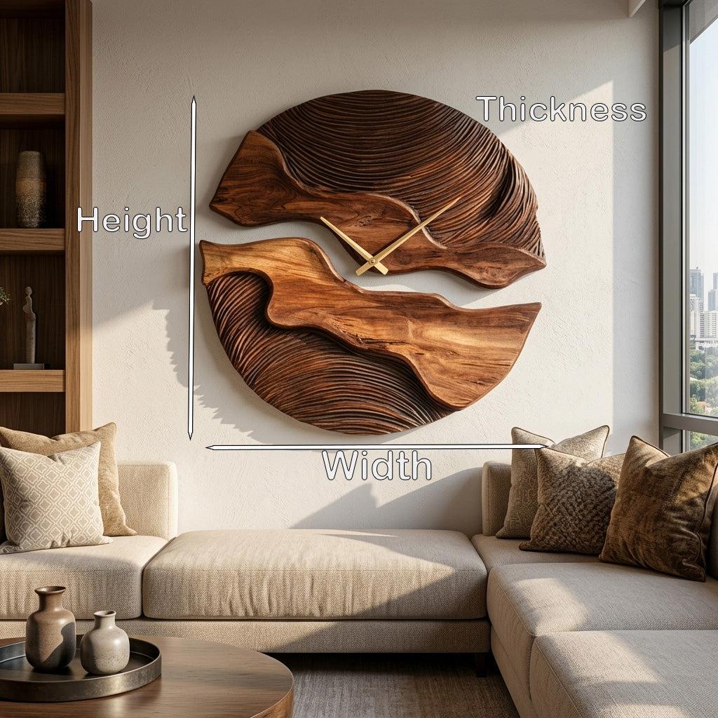Organic Wooden Wall Clock, Handcrafted Unique Shape Solid Wood Timepiece for Designer Living Room