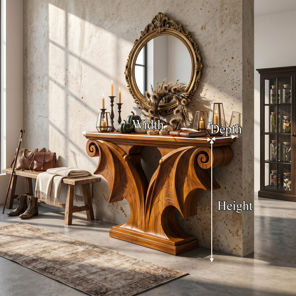 Rustic Halloween Console Table With Sculptural Bat Wing Design For Entryway And Living Room