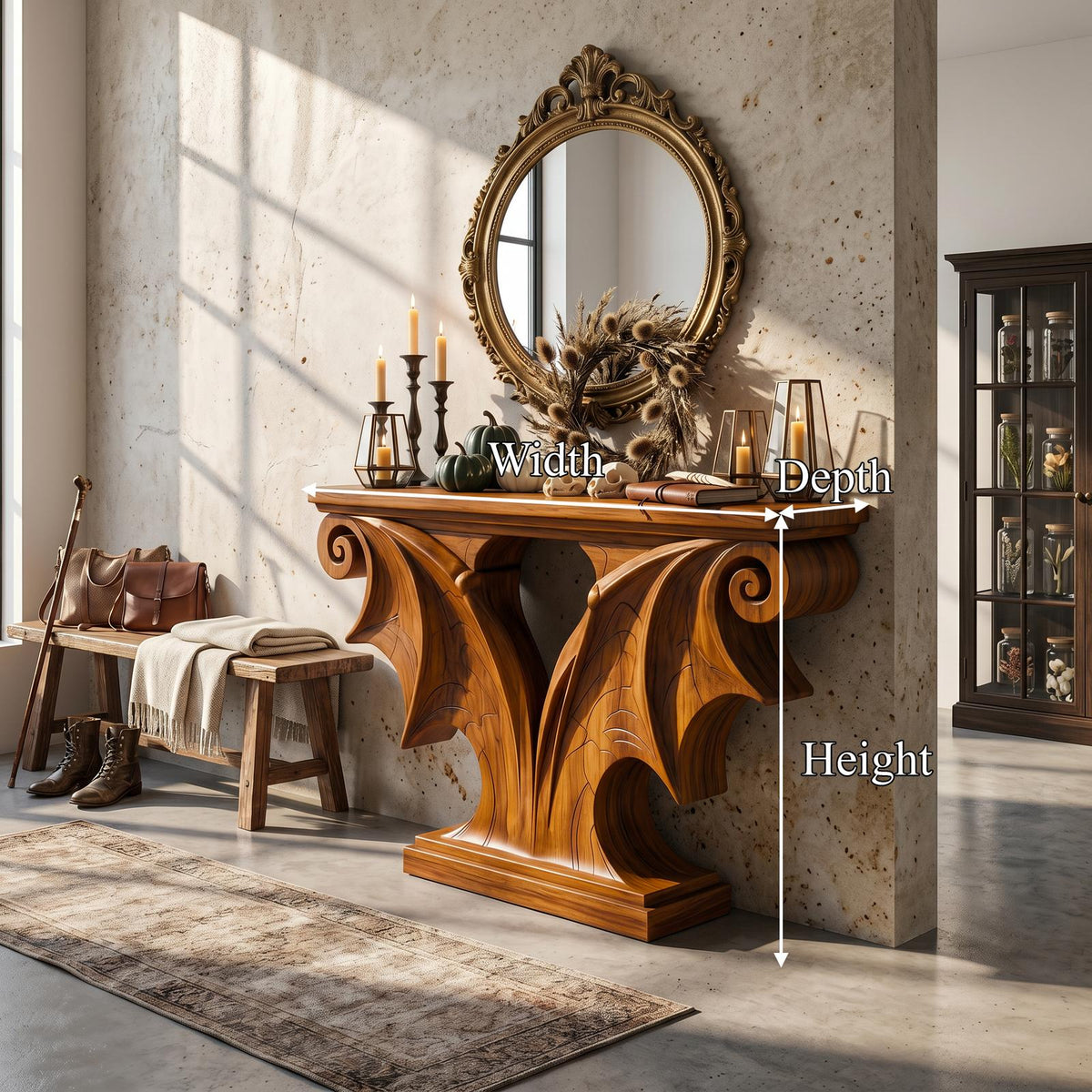 Rustic Halloween Console Table With Sculptural Bat Wing Design For Entryway And Living Room