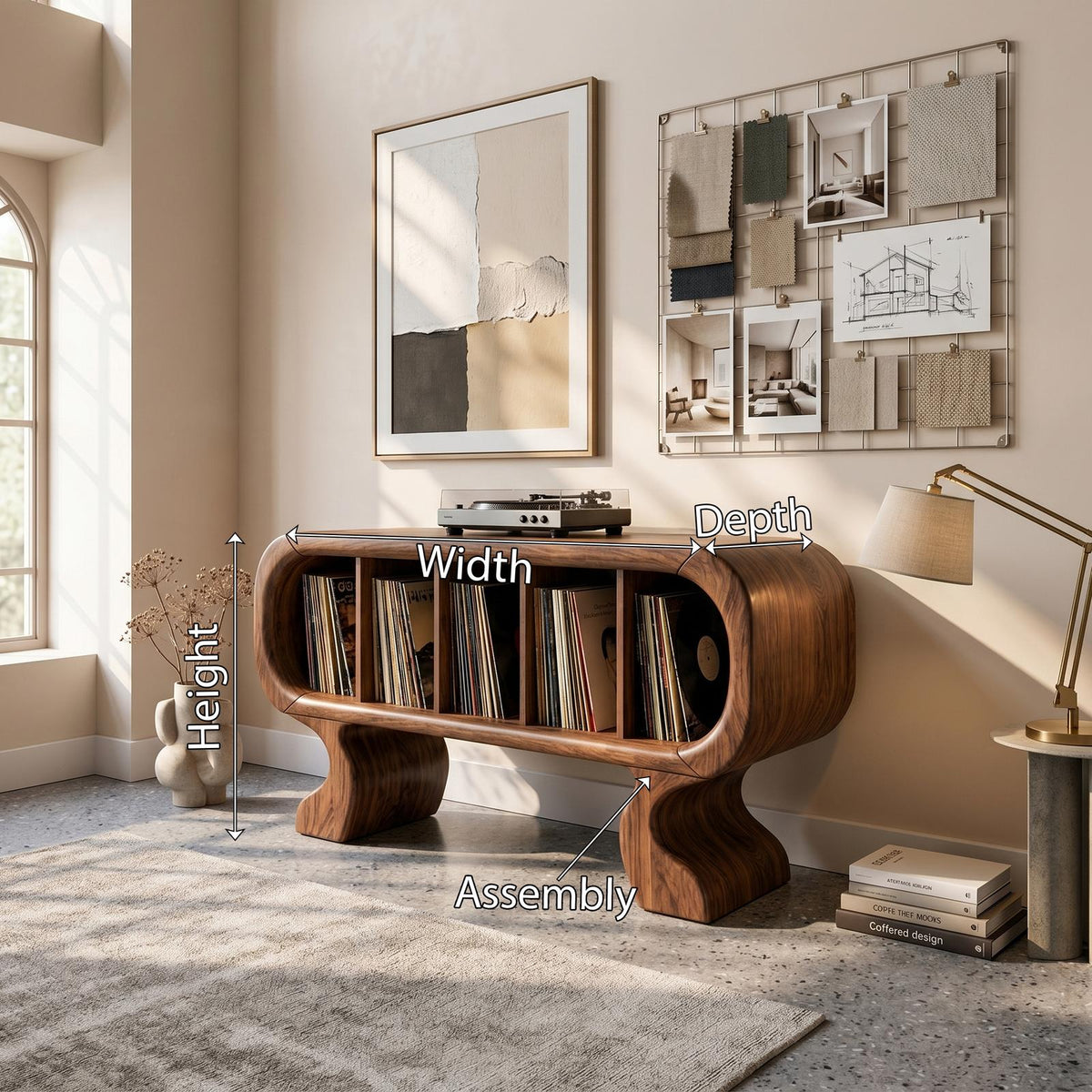 Contemporary Curved Wooden Record Player Stand, Handcrafted Modern Turntable Desk and Vinyl Storage Cabinet, Model