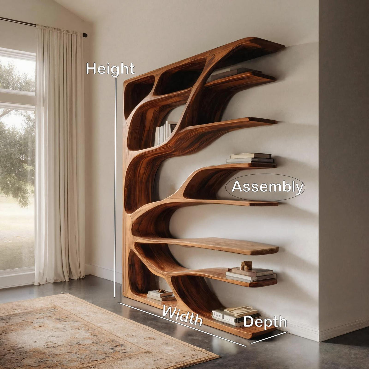 Modern Statement Bookshelf, Handcrafted Wood Bookcase & Sculptural Display Shelving Unit for Living Room Decor