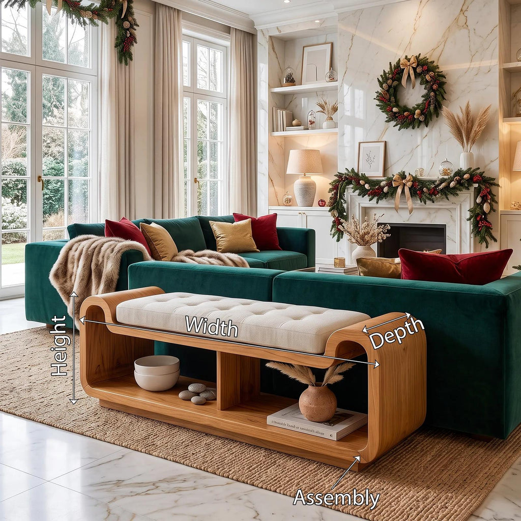 Mid Century Xmas Wooden Storage Bench Holiday Decor