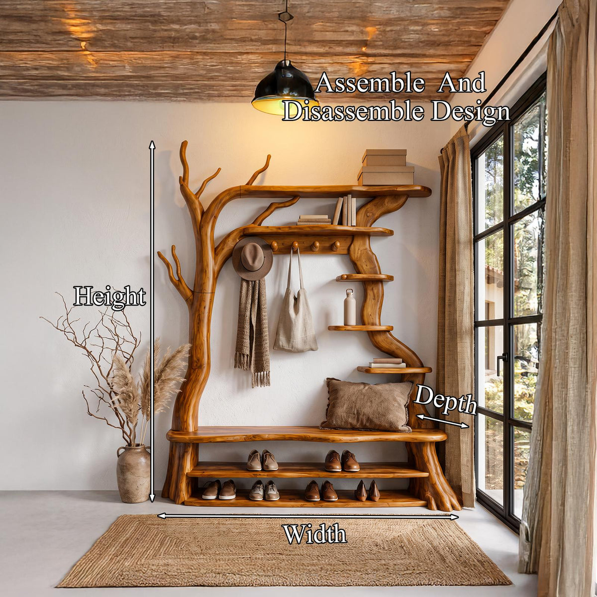 Rustic Tree Shoe Bench Coat Rack Storage Organizer For Entryway Hallway