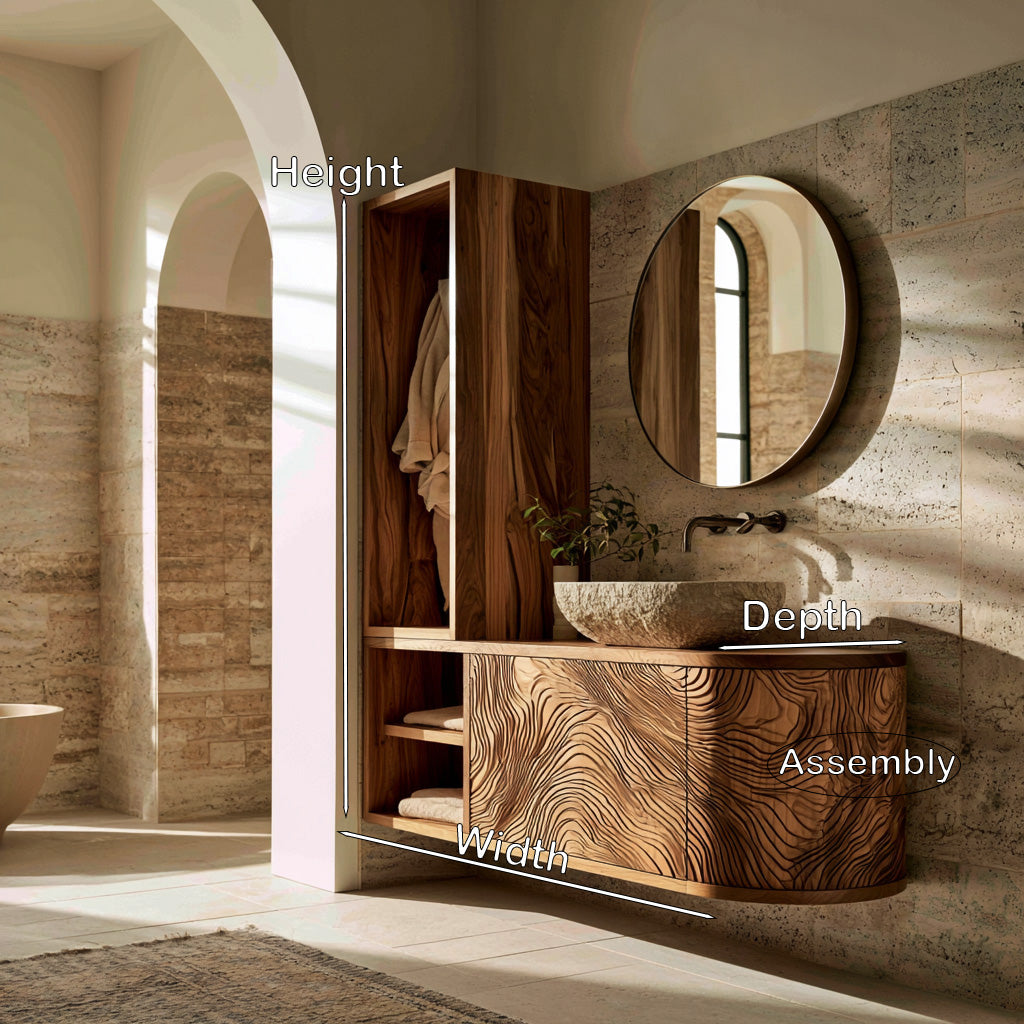 Organic Carved Bathroom Vanity With Linen Tower Side For Bathroom