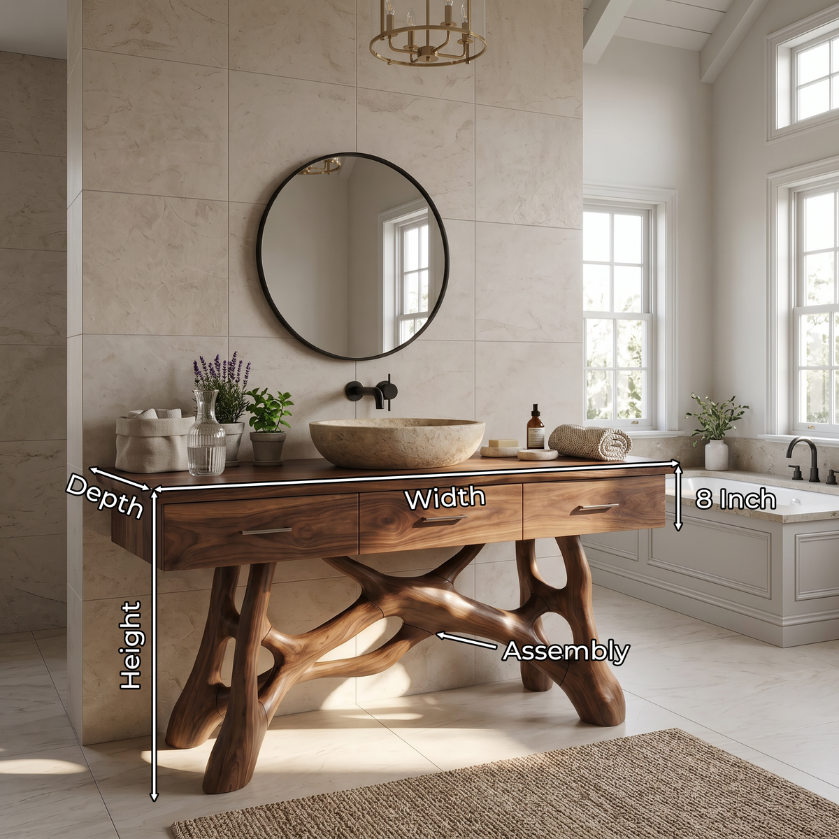 Natural Wood Sink Vanity with Drawers, Handcrafted Solid Wood Master Bathroom Storage Cabinet Console