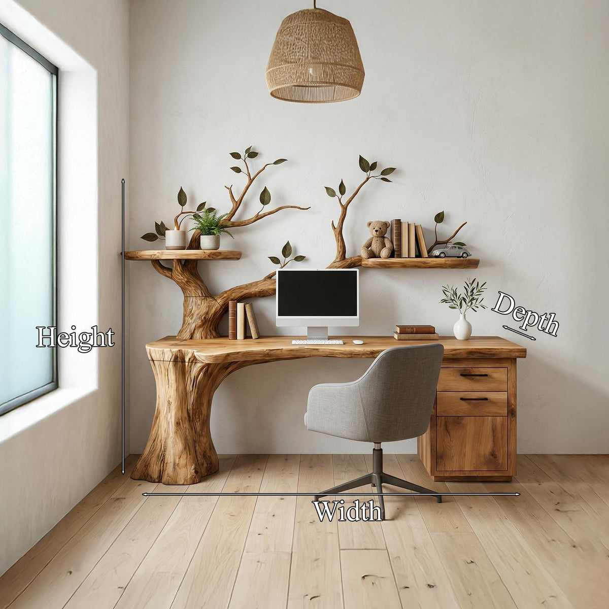 Sculptural Tree Desk With Floating Shelf Natural Branch Design Home Office And Workspace