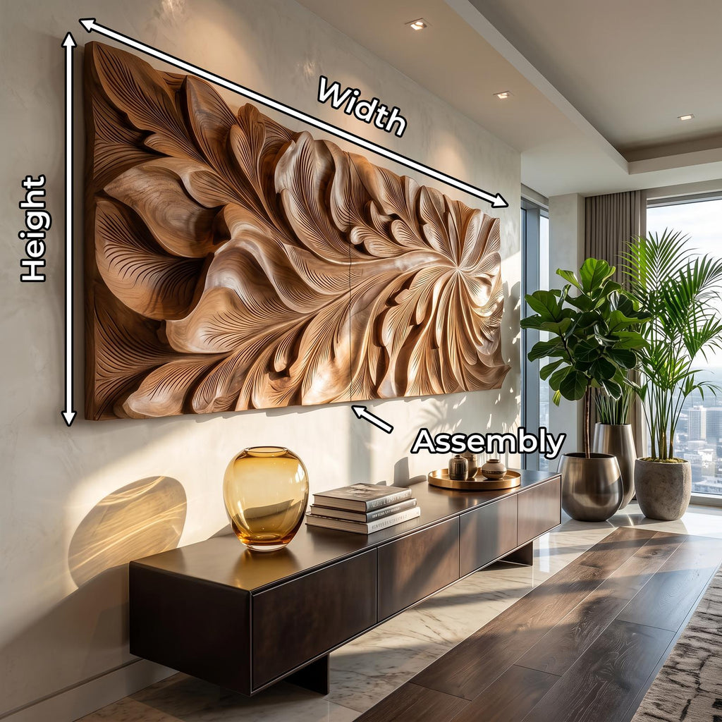 Luxury Wooden Wall Art with Floral Carving, Elegant Carved Wood Wall Panel for Living Room