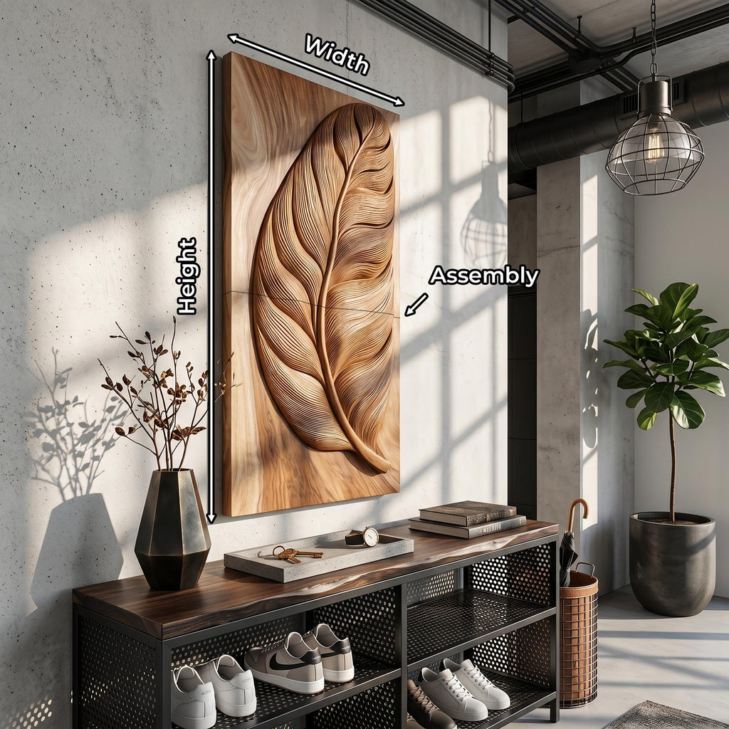 Rustic Wooden Wall Art with Carved Leaf Design, Foliage Hanging Wall Panel for Entryway