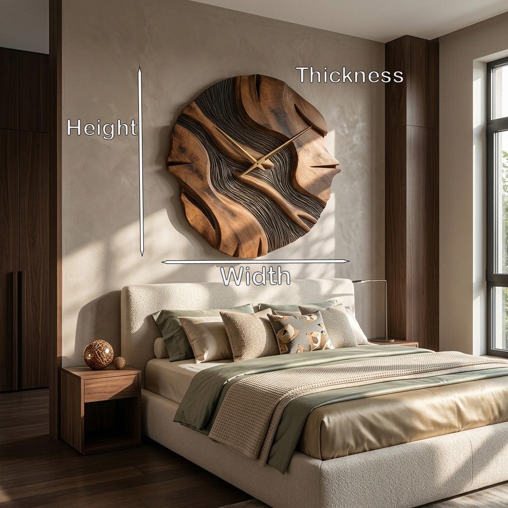 Organic Sculptural Wooden Wall Clock, Modern Abstract Hand-Carved Wood Clock for Living Room Wall Decor