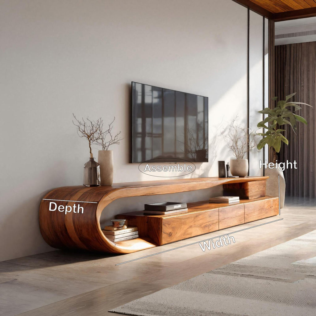 Modern Curved Wooden TV Console Cabinet, Handcrafted Solid Wood Media Storage Credenza with Drawer for Living Room