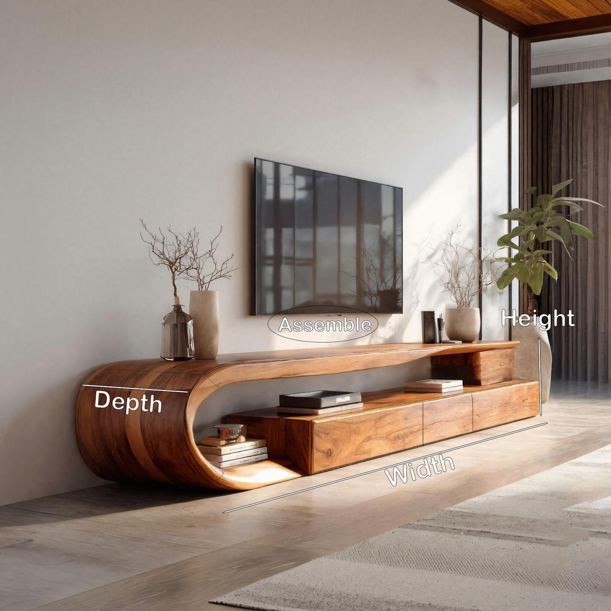 Modern Curved Wooden TV Console Cabinet, Handcrafted Solid Wood Media Storage Credenza with Drawer for Living Room
