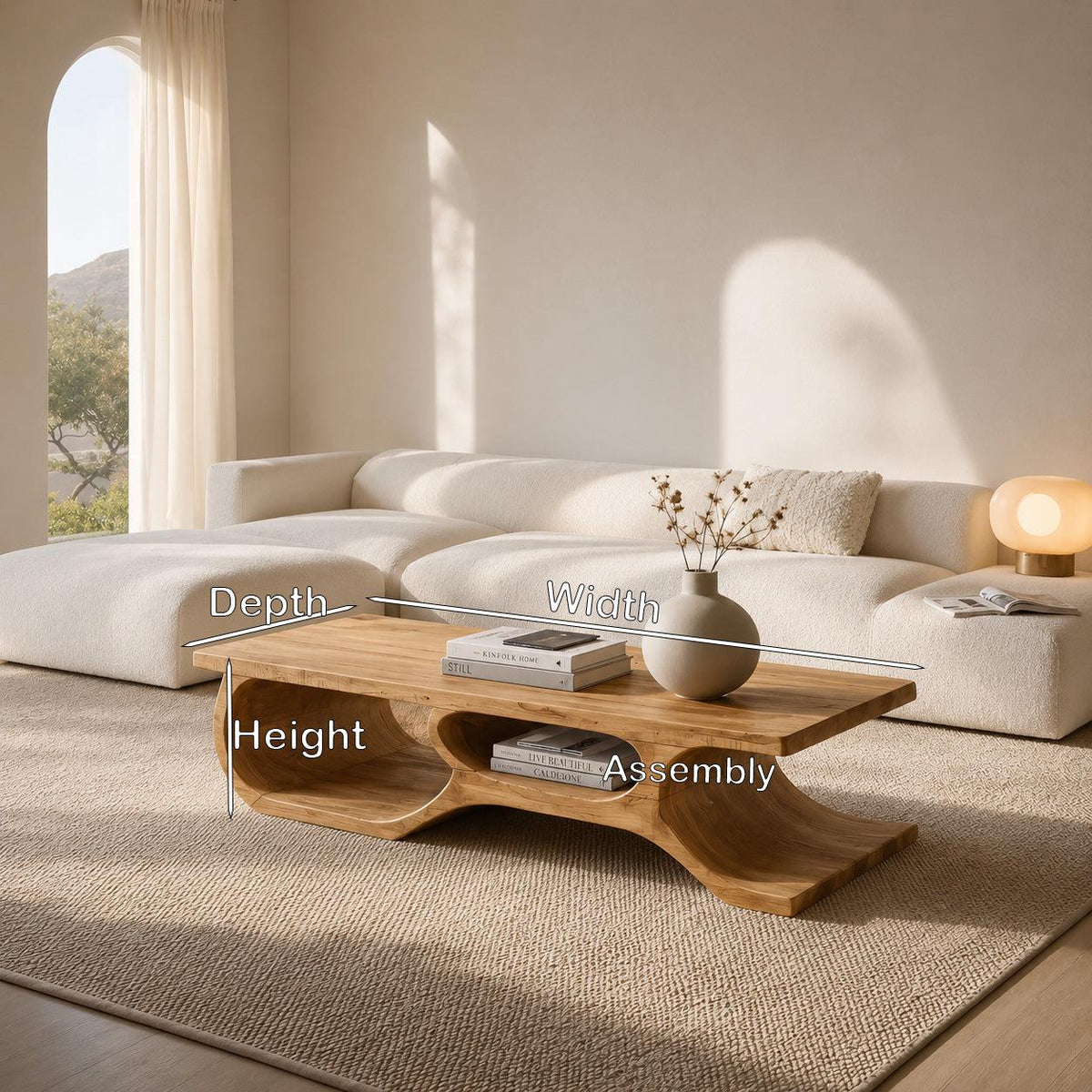 Organic Wooden Coffee Table with Open Shelf Design, Modern Low Profile Storage Center Table, Model