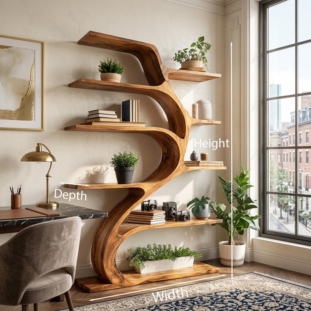 Minimal Natural Wood Bookshelf with Branch Design, Handcrafted Solid Wood Bookcase for Modern Living Room & Office