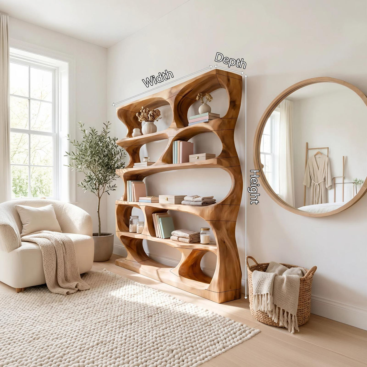 Minimalist Sculptural Bookshelf, Handcrafted Solid Wood Vertical Bookcase & Storage Display Organizer for Home Office