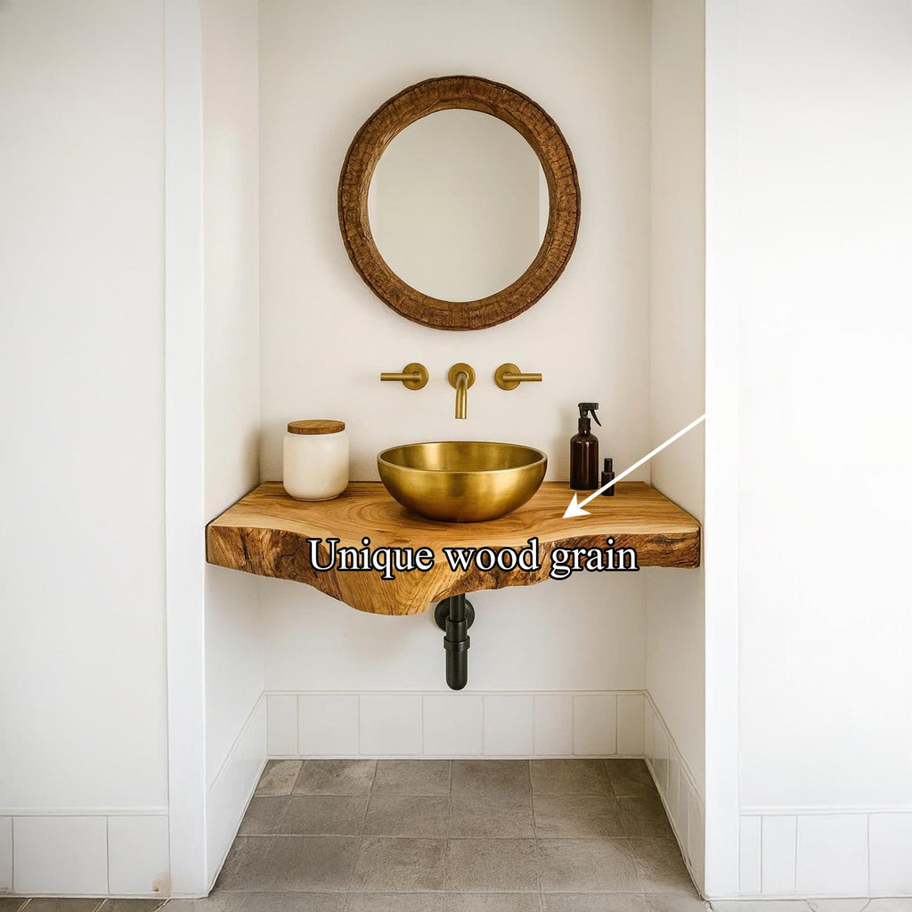 Rustic Floating Shelf, Live Edge Solid Wood Bathroom Vanity, Single Sink Washroom Countertop Console Shelf
