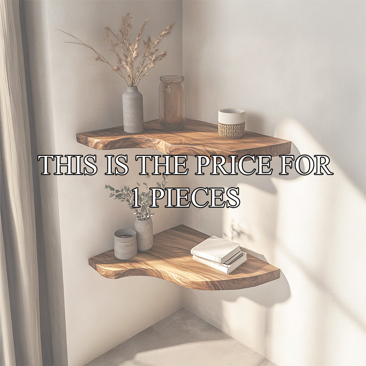 Sculptural Rustic Solid Wood Corner Floating Shelves, Handcrafted Accent L-Shelf for Living Room Statement Decor