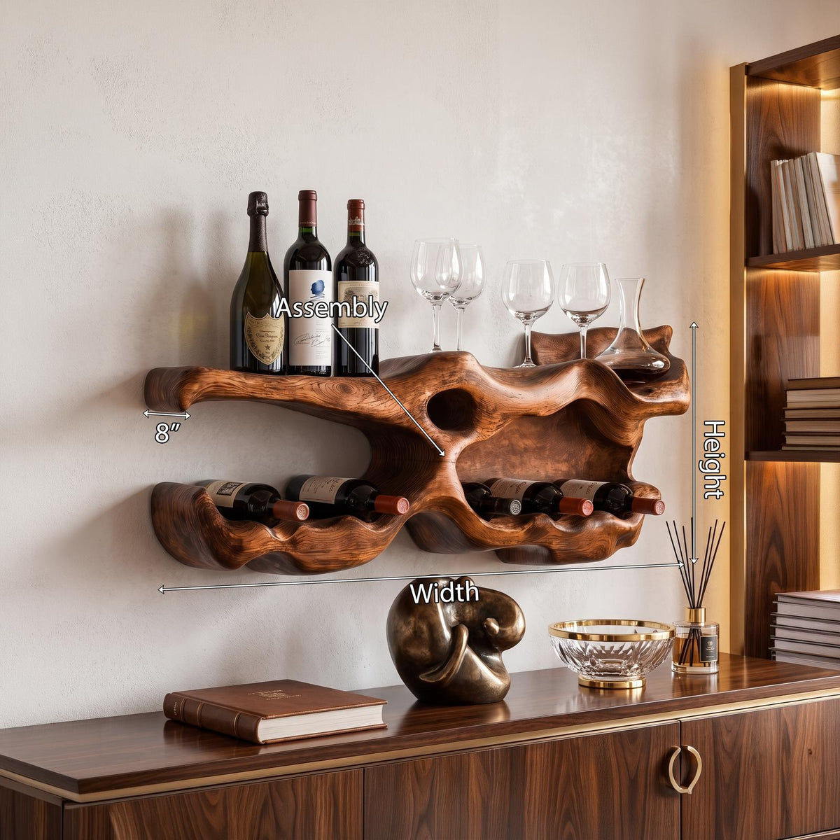 Farmhouse Wooden Wine Holder, Handcrafted Tabletop Wine Bottle Rack & Glass Display Organizer for Living Room Shelf