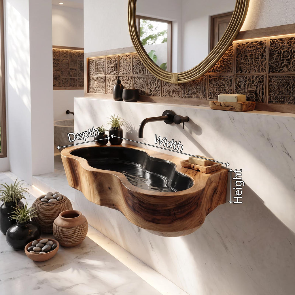 Modern Live Edge Wooden Vessel Sink, Contemporary Solid Wood Bathroom Wash Basin for Vanity Top