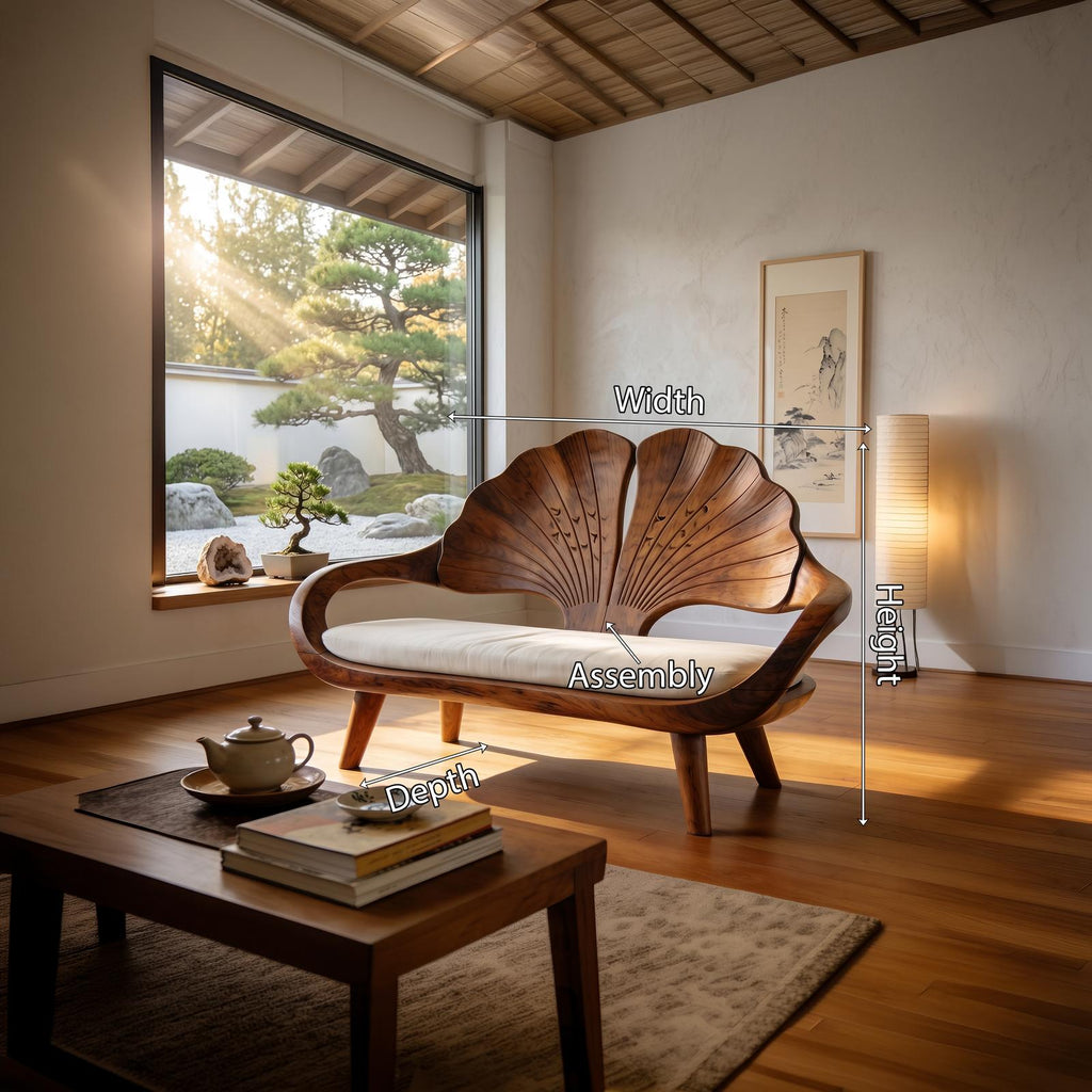 Minimalist Ginkgo Leaf Backrest Bench, Solid Wood Reading Nook Accent Seating & Bedroom Lounge Bench, Natural