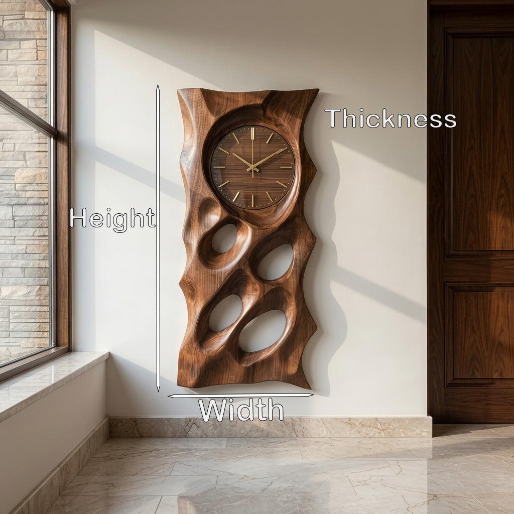 Modern Organic Wooden Wall Clock, 3D Hand-Carved Hollow Wood Hanging Clock for Living Room & Home Office Decor