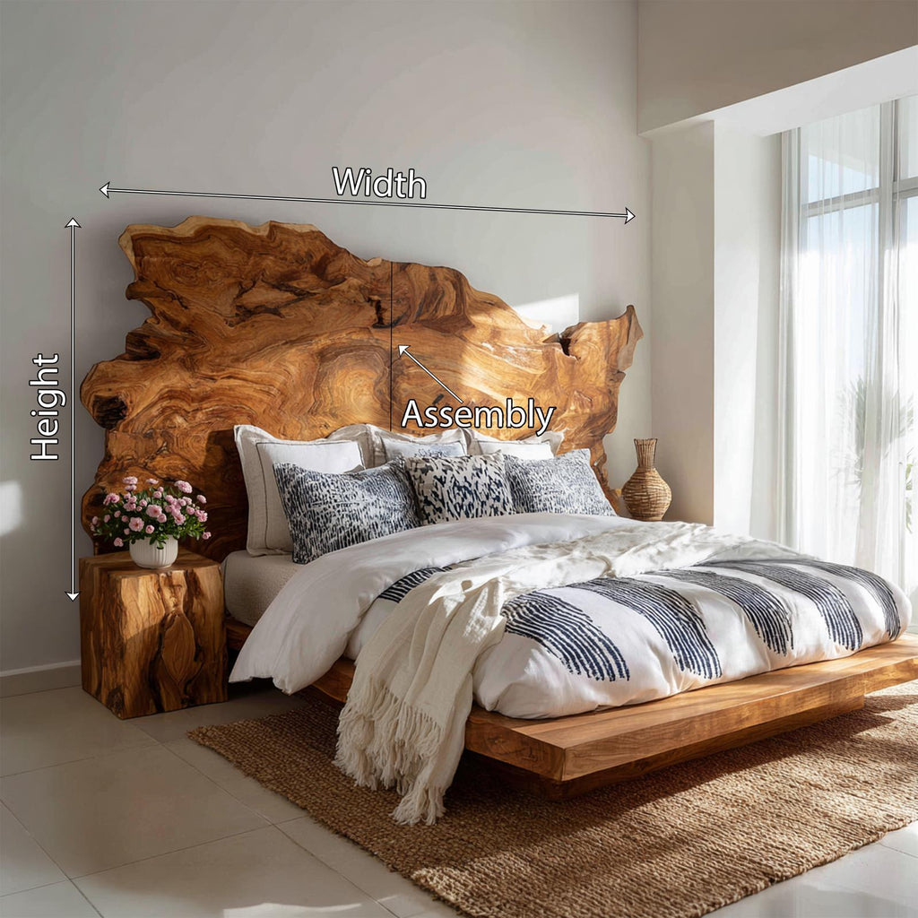 Organic Natural Live Edge Wood Headboard, Handcrafted Teak Wooden Headboard Panel for Minimalist Japandi Bedroom Decor