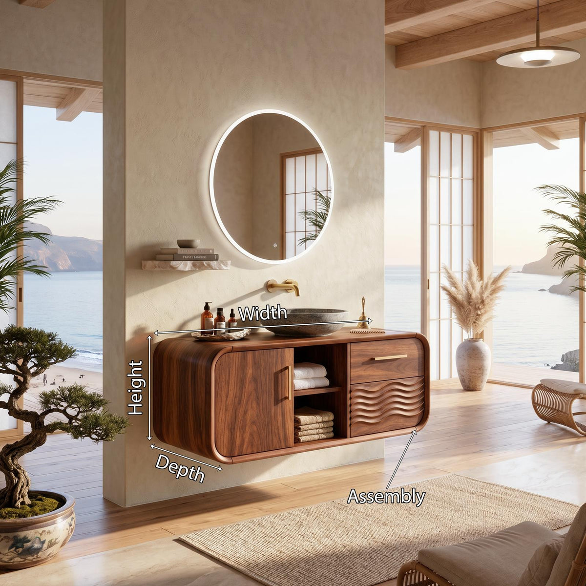 Mid Century Modern Floating Vanity, Solid Wood Wall Mounted Bathroom Vanity Console with Storage Drawers, Under Sink Cabinet, SILDTTNBRV057
