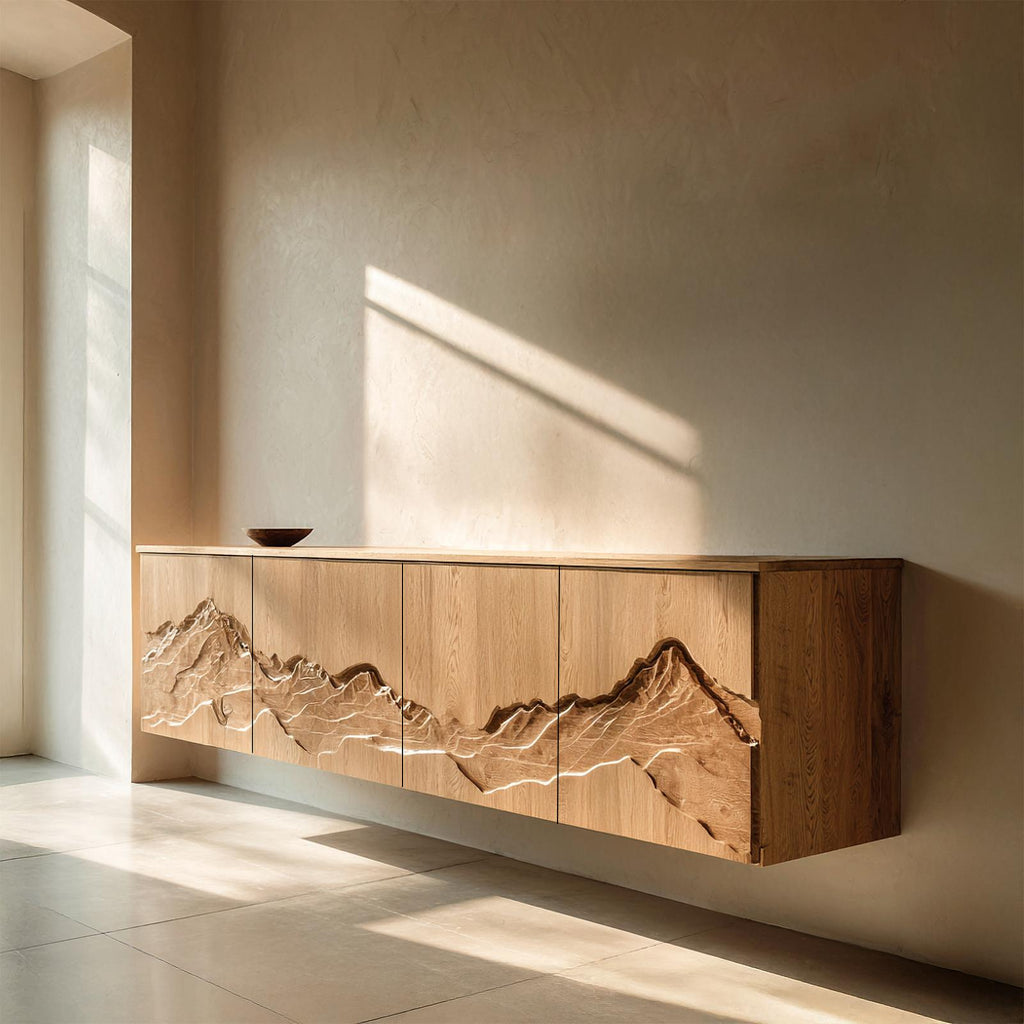 Rustic Mountain Art Wood Console Table, Handcrafted Solid Wood Entryway Credenza Sideboard Cabinet