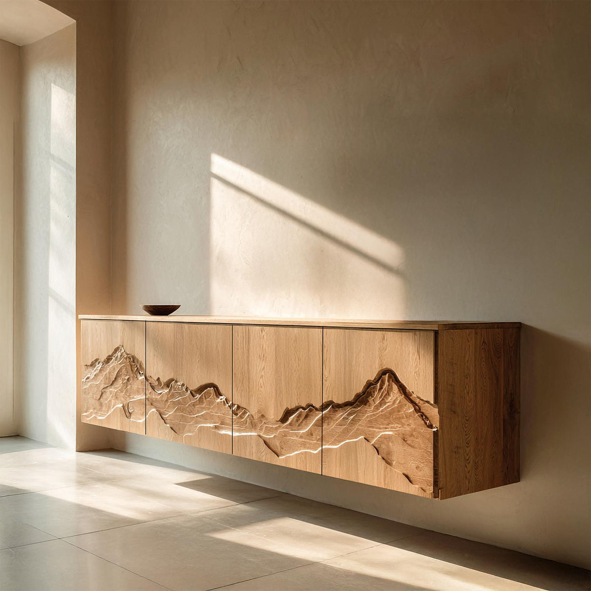 Rustic Mountain Art Wood Console Table, Handcrafted Solid Wood Entryway Credenza Sideboard Cabinet