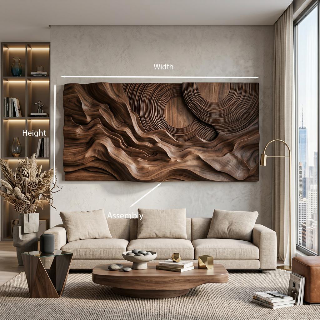 Layered Wave Wall Sculpture, Abstract Geometric Circular 3D Wood Wall Art Panel for Living Room Decor